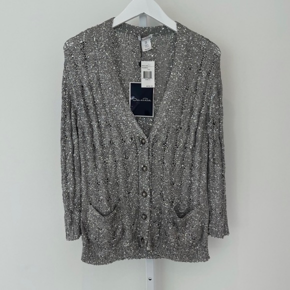OSCAR DE LA RENTA SILVER SEQUINS SILK CARDIGAN SIZE S NWTS! - Picture 1 of 16